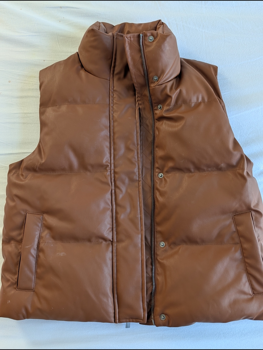 Women's Brown Faux-Leather Puffer Vest